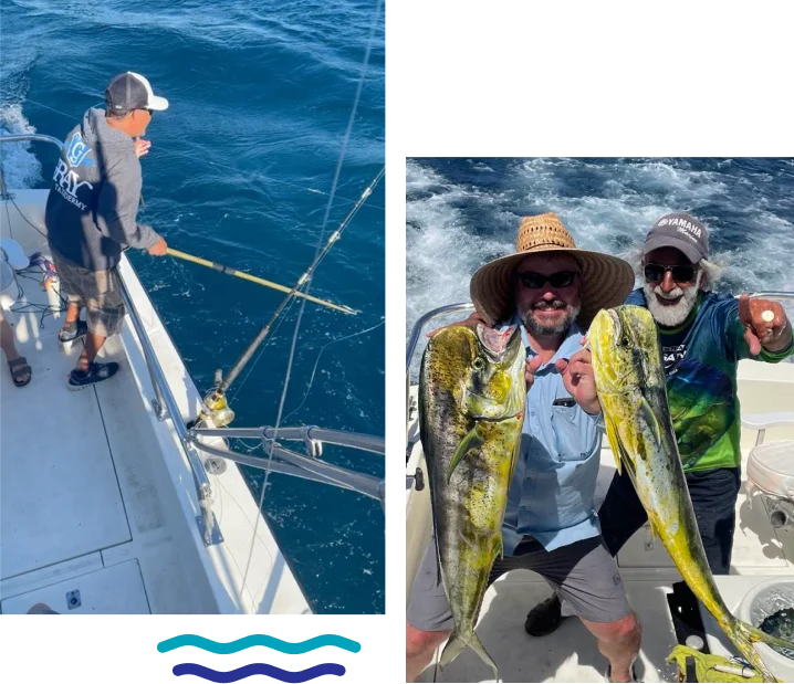 Two pictures of people on a boat and one is holding onto the side of the boat